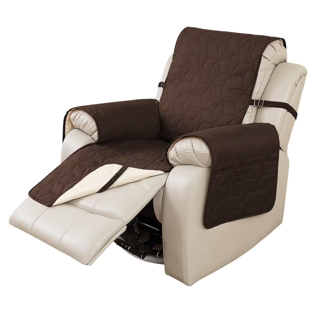 Victree Non-Slip Recliner Cover for Recliner Chair - 100% Waterproof Recliner Sofa Slipcover Couch Cover Furniture Protector with Pocket and Elastic Straps for Pets Kids Dog Cat, 30"/Large, Chocolate