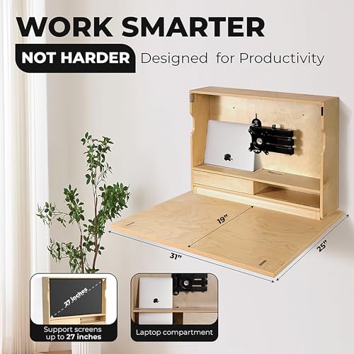 Image of ARROWSTONE SKEENA Wall-Mounted Desk - Floating Folding Desk with Storage, VESA Monitor Mount, Space-Saving Murphy Desk Design for Home Office (31 inch)