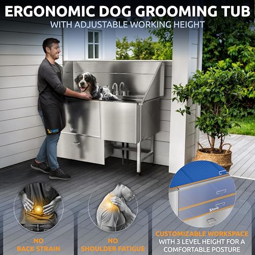 Image of KANIS Professional Dog Washing Station 304 Stainless Steel Pet Wash Sink & Grooming Bathtub w /Shower, Floor Grates and Storage for Large, Medium & Small Pets (Silver, 61 Inches, Right Ramp, 1 Drawer)