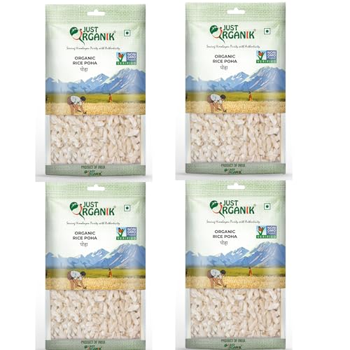 Image of Just Organik - Organic Rice Poha 2 Kg,(4 x500 g), certified Organic | chiwda | Indori poha | healthy breakfast |flattened rice | Atukula | rice flakes | Pack of 4