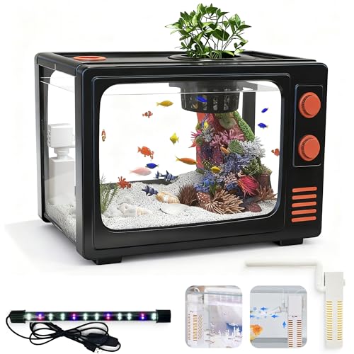 Kit de aquário de aquário de 3 galões com luzes LED, filtro e plantador de plantas - design retrô em forma de TV, jardim aquático de mesa para betta/peixinho dourado (preto - 3 galões)
