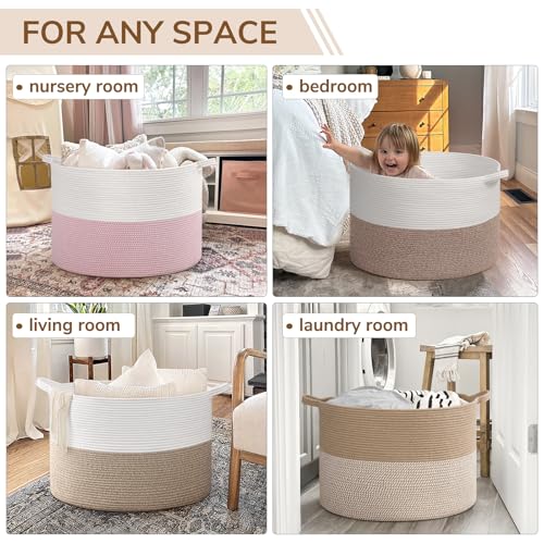 Image of INDRESSME 115L Extra Large Blanket Basket, Soft Cotton Rope Storage Baskets for Organizing Living Room Decor Toy Storage for Kids,Decorative Woven Basket for Laundry & Towels, Light Brown