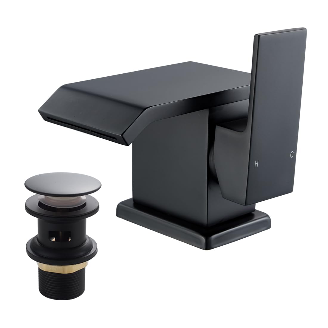 SOHNVWTGD Black Waterfall Basin Tap,Square Monobloc Bathroom Sink Mixer Tap Brass Single Hole with Pop up Waste