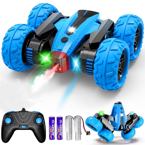RC Cars, 2.4GHz Fast Stunt RC Car, 4WD Double Sided 360° Rotating RC Trucks with Headlights, High Speed Off Road Stunt Truck, Cool Spray Patterns, Remote Control Cars Toy for Boys Girls