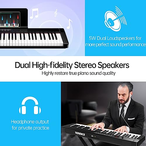 TERENCE Piano 61 Tasten mit Klavierständer e-piano mit 1750mAh Batterie unterstützung MIDI USB-Schnittstelle Piano-Anwendung mit Bluetooth Notenständer Aufkleber Audiokabel Kopfhörer Netzteil Schwarz