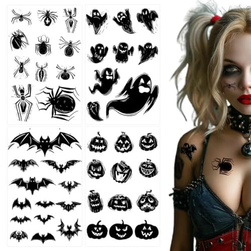 FIMWOLZ 4 Hojas de Tatuajes de Halloween Diversión - Tatuajes Temporales (Pegatinas) con Calabaza, Fantasma, Araña, Murciélago para Rostro y Decoración, Accesorios Disfraces y Fiestas de Halloween