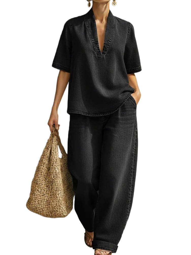 shownicer Ensemble Femme 2 Pièces Chic et Elegant Tenue sans Manche Top Et Jeans Pantalon Ensembles Ete Col en V Décontractée Tenue