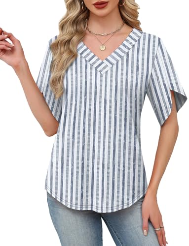 Image of WIHOLL Womens Summer Tops Short Petal Sleeve Shirts Fashion V Neck Womens Clothing