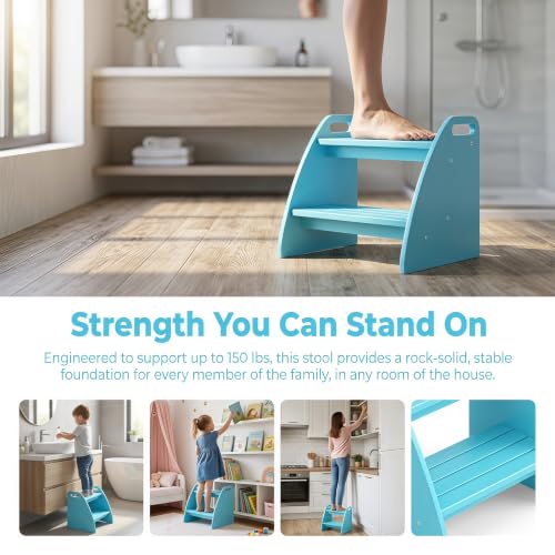 Image of Bamboo 2 Step Stool 300lbs Capacity, Wooden Two Step Stool with Non-Slip Handles, Heavy Duty Stepping Stool for Bedside High Beds Adults, Sturdy Small Bathroom Kitchen Blue Step Stool