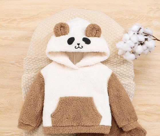 Image of Cartoon Character Design Kids' Fur Hooded Top and Pants Set, White and Brown