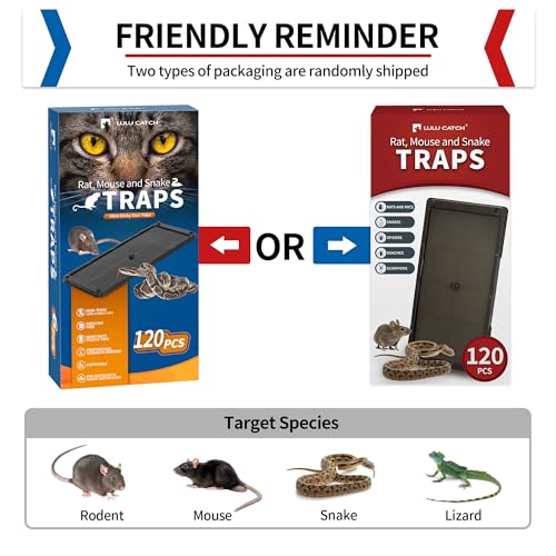 Image of LULUCATCH Sticky Mouse Trap, 120 Pack Large Glue Traps, Pre-Baited Heavy Duty Non-Toxic Bulk Glue Boards Mouse Traps Indoor for Mice, Snakes, Rat, Insects, Cockroaches & Spiders, Pet Safe Easy to Use