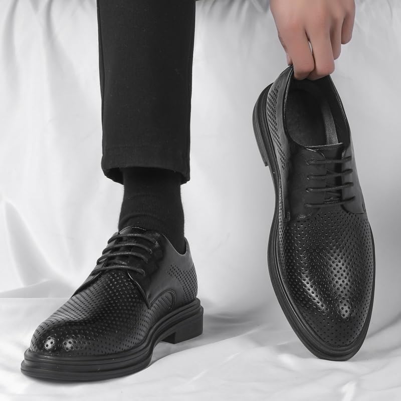 Mens Hollow Breathable Formal Shoes Dress Oxford Burnished Leather Lace Up Non Slip Block Heel Anti-Slip Slip Resistant Shoe for Casual Wedding Party Prom Evening Pointed Toe4