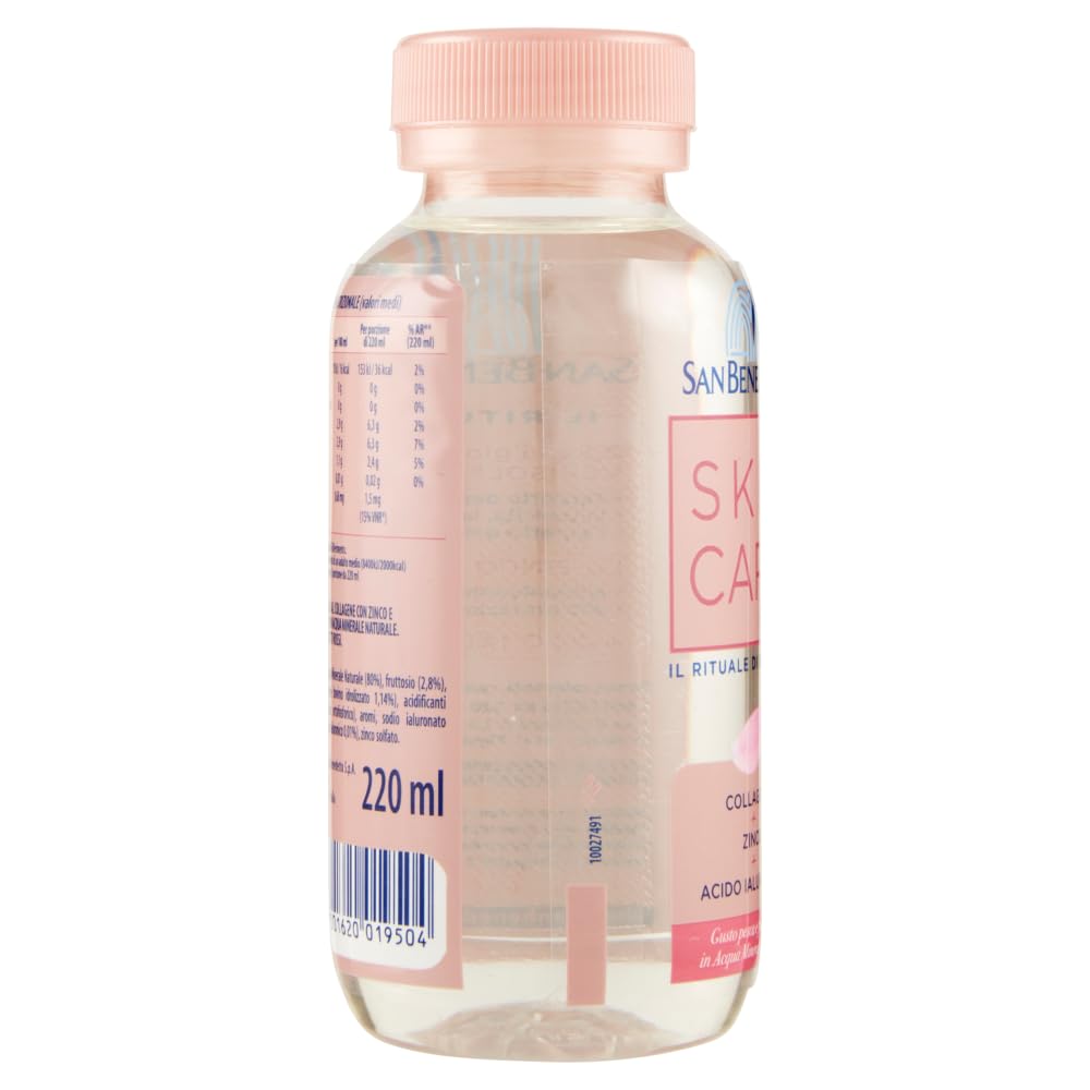 San Benedetto SKINCARE, Agua mineral natural con colágeno, zinc y ácido hialurónico, agua con sabor a melocotón y frutos rojos, 48 x 22 cl + polpa italiana gourmet 400 g