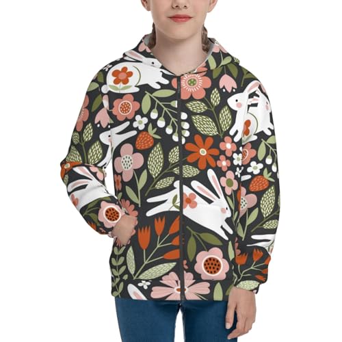 Rabbits on Floral Kid Hoodies Boys Zip Up Sweatshirts Girls Pullover with Pocket3