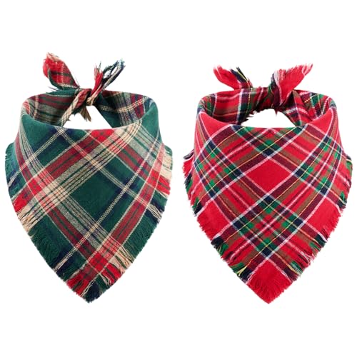 2 PCS Christmas Dog Bandanas with Tassels Two-Sided Classic Red & Green Plaid Dog Apparel & Accessories Trendy & Country Triangle Holiday Pet Scarf & Photo Prop for Medium Large Dogs(Large)