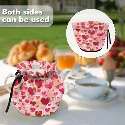 Image of Pink Heart Tea Cosy, Scratches-Proof Insulated Kitchen Teapot Dust Cover with Drawstring, Tea Pot Cozy Breakfast Warmer for Home Kitchen Table Decoration