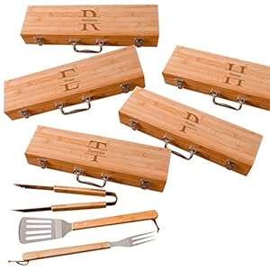 Personalized BBQ Tool Sets, Wood Grill Set with BBQ Supplies and Engraved Case (5-Pack, Stamped Design) / Unique…