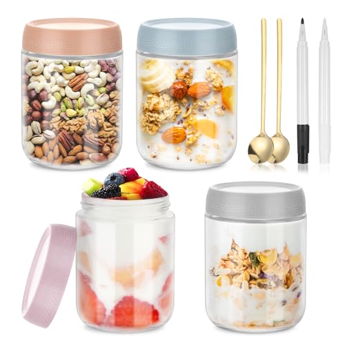 Zocipro 500ml Overnight Oats Jar, 4Pcs Tarros de Cristal con Tapa Hermética y Cuchara, Tarro Cristal de Borosilicato de Boca Ancha Para Yogur, Ensaladas, Avena, Mermelada