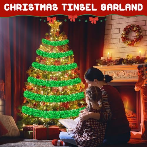 Image of 50FT Green Christmas Tinsel Garland - Metallic Tinsel Glitter Twist Garland Hanging Streamers for Indoor Decor, Xmas Tree Garlands Decorations