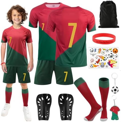 Kitimi Football Kits for Kids, Football Training Shirts Shorts Socks Guard Plate and Keychain, Home Away Soccer Jerseys for Training, Gifts for No.7 & 10 Boys Fans