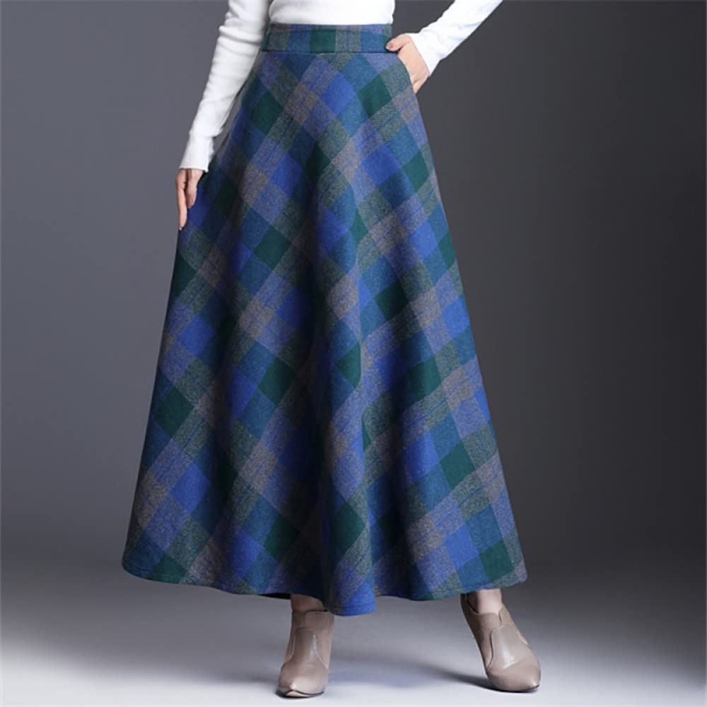 Gonne Invernali Donna, Maxi Gonne per Donna Elastico in Vita Vintage Blu Reticolo Spesso Inverno Tartan Gonna Calda Increspato Gonna A-Line A Vita Alta Grandi Gonne A Pendolo
