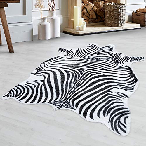 Tapis Peau de zèbre, Simili Cuir de Haute qualité, Lavable, antidérapant, Noir et Blanc, Taille:150x200 cm, Couleur:Noir Cover