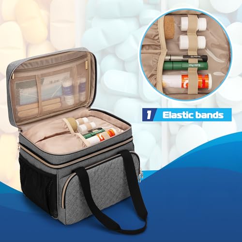 Image of LUXJA Double Layer Medicine Bag with Detachable Divider, Pill Bottle Organizer with Handle Straps (Suitable for Travel or Home), Gray