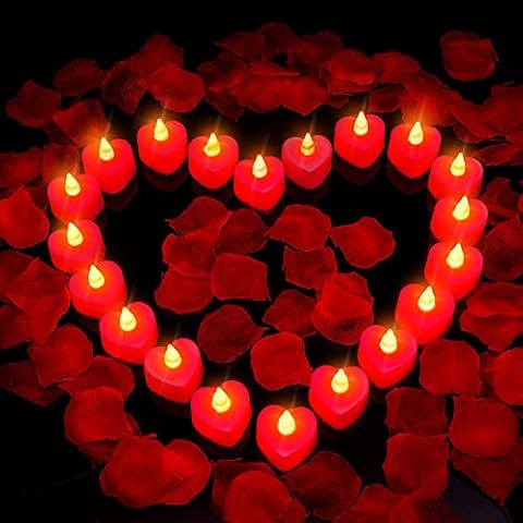 24 Pcs Heart Shape LED Candles Light and 1000 Pcs Artificial Rose Petal, LASIEYO Romantic Love LED Tealight Candle for Romantic Night Valentine's Day Anniversary Wedding Table Decor Cover
