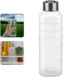 Garrafa de Vidro Quadrus com Tampa de Inox, 1000ml, Design Quadriculado, para Água, Suco, Chá, Armazenamento em Geladeira