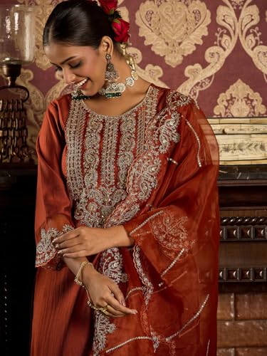 Image of INDO ERA Women's Liva Embroidered Straight Kurta & Pant With Dupatta Set (SHUTR6718)