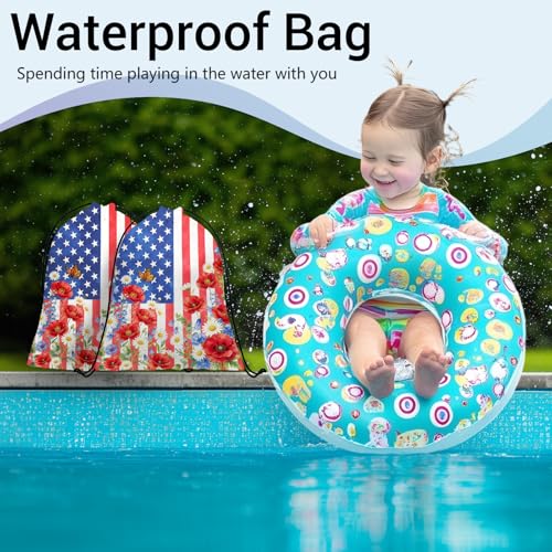 Image of USA Flag Grip Bag Butterfly Floral 4 th of July Drawstring Bag for Gym