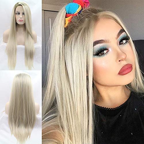 Ombre Rubio Largo Sedoso Recto Sintético Lace Front Pelucas para Mujer Aspecto Natural Dark Roots Peluca de Encaje Largo con Bebé Cabello Sin Pegamento Resistente al Calor Fibra Cabello