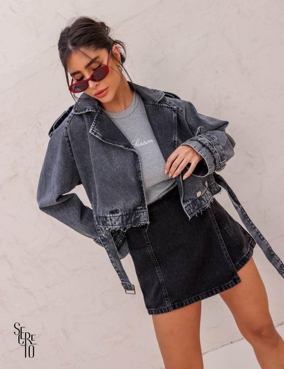 Women Cropped Denim Jacket 2024 Trendy Long Sleeve Button Down Short Jean Jackets Fall Casual Coat with Belt2