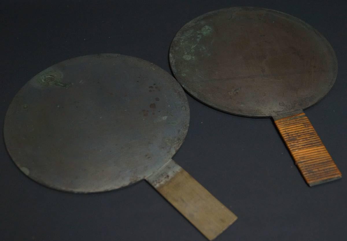 博物館展示品　軍配と竹に雀　藤原光政　江戸時代　和鏡　古鏡　古物　手鏡　レトロ 博物館展示品 軍配と竹に雀 藤原光政 江戸時代 和鏡 古鏡