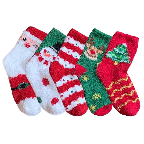 MUNSKT 5 Pairs Funny Christmas Cozy Soft Fluffy Slipper Socks for Men and Women, Fuzzy Bed Socks Plush Slipper Socks Winter Socks Sleeping Warm Socks for Christmas Brithday