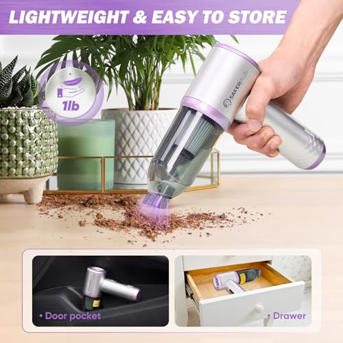 Image of SakerPlus Mini Vacuum Cleaner, 3 in 1 Cordless Handheld Vacuum Cleaners, 18000Pa High Power Car Vacuum Cleaner with Brushless Motor,Adjustable Car Vaccum Portable for Cars,Desktop (Sliver and Purple)