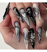Tyuimhx Black Press on Nails Long Almond Fake Nails With Butterfly Heart Designs Pearls False Nai...