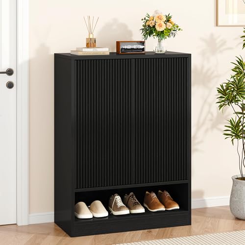 Image of Shoe Cabinet with Doors, 41 inch Tall Entryway Shoe Organizer Cabinet with Adjustable Shelves, 5-Tier Modern Fluted Wood Free Standing Shoe Rack for Hallway, Living Room, Closet, Black