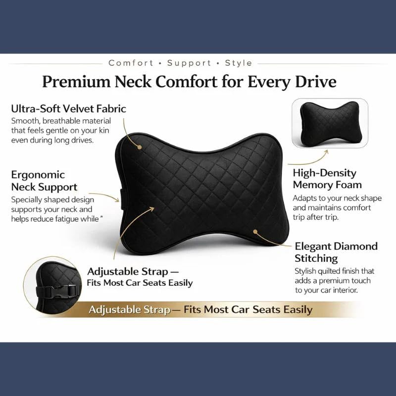 Image of Memory Foam Car Neck Pillow, Ergonomic Headrest Cushion for Neck & Head Support, Soft Velvet Cover, Universal Fit