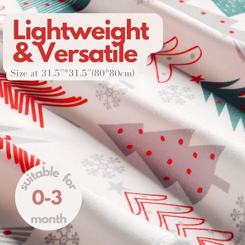 Image of Newborn Baby Girl Receiving Blanket Swaddle Blanket Stretchy Knit Swaddle Set with Matching Headband and Beanie (Red Tree Christmas)