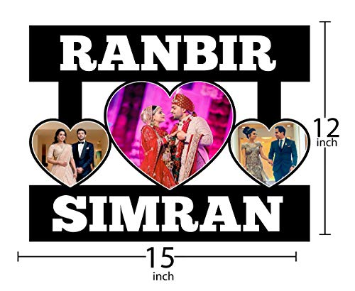 Image of Shrikant Art Personalized Couple Multi-Photo Collage Wall Hanging - Custom Name Wooden Picture Frame with 3 Heart-Shaped Photo Slots for Weddings and Anniversaries