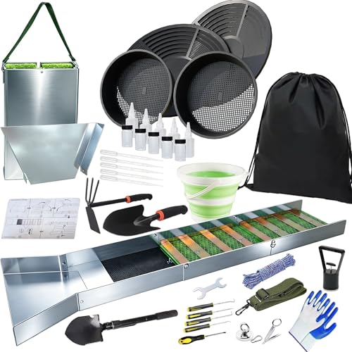 37pcs Complete Gold Panning Kit with 50 Folding Sluice Box Alloy Aluminum Gold Mining Equipment for AdultsIncludes Gold Pans Classifier Screen Separating Magnet Backpack and More