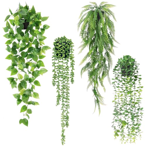 Freyeeti 4 Pezzi Pianta Finta Cadente con Vaso, Piante Artificiali da Interno, Pianta Artificiale Cadenti, Finte Piante da Appendere per Balcone, Soggiorno, Bagno, Giardino, Decorazioni Murali