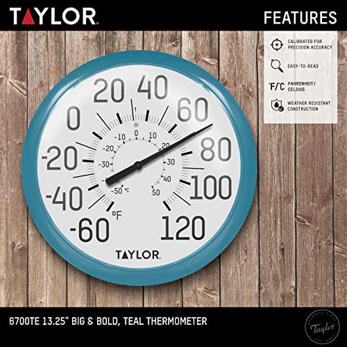 Image of Taylor Big and Bold Wall Indoor Outdoor Thermometer, Easy to Read Numbers for Patio, Pool, and Indoor Areas 13.25 inch, Teal
