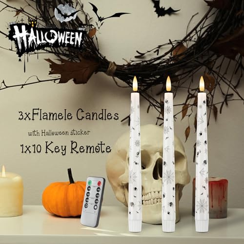 Image of Halloween Candles with Spider Web, Spider, 9.6 inchReal Wax Flameless Taper Candles with Remote & Timer, 3 Pack Battery Operated Halloween Led Candlesticks for Party Home Decor