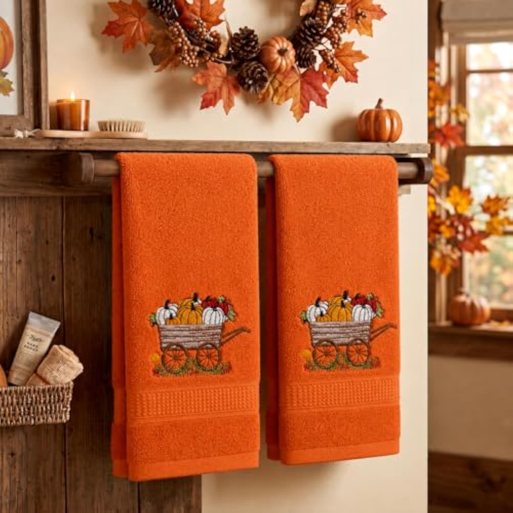 Cotton Embroidered Orange Pumpkin Wagon Decorative Dish Towels Set