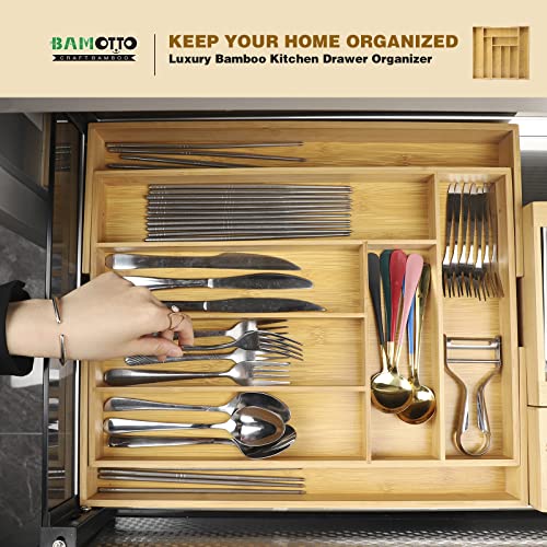 Large Expandable Bamboo Drawer Organizer-Kitchen Utensil, Flatware&Silverware Organizer-Wood Adjustable Drawer Organizer For Knives In Kitchen, Bedroom, Living Room Storage Box (12.9-19X18") #TOP1