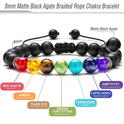 Hamoery Men Women 8Mm Chakra Beads Bracelet Braided Rope Natural Stone Yoga Bracelet Set(Matte Black Agate) #TOP3