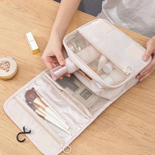 Image of Large Hanging Toiletry Bag for Women Travel Makeup Organizer Cosmetic Pouch with Sturdy Hook Water Resistant Bathroom Wash Bag Multiple Compartments for Skincare Cosmetics & Brushes Beige