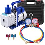 4.8 CFM Vakuumpumpe, 1/3 HP, einstufige Drehschieberpumpe, HVAC und Klimaanlagen-Kältemittel-Evakuierungsset mit Ölschauglas, Manometer-Set und 3 Schläuchen für die Kfz-Wartung